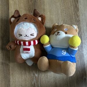 Adorable Brown and Blue Plush Animal Pair Shiba